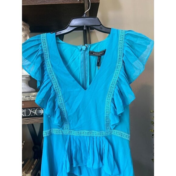 BCBGMAXAZRIA Pleated Ruffled Mini Dress Blue Womens Size 0 - Picture 4 of 10
